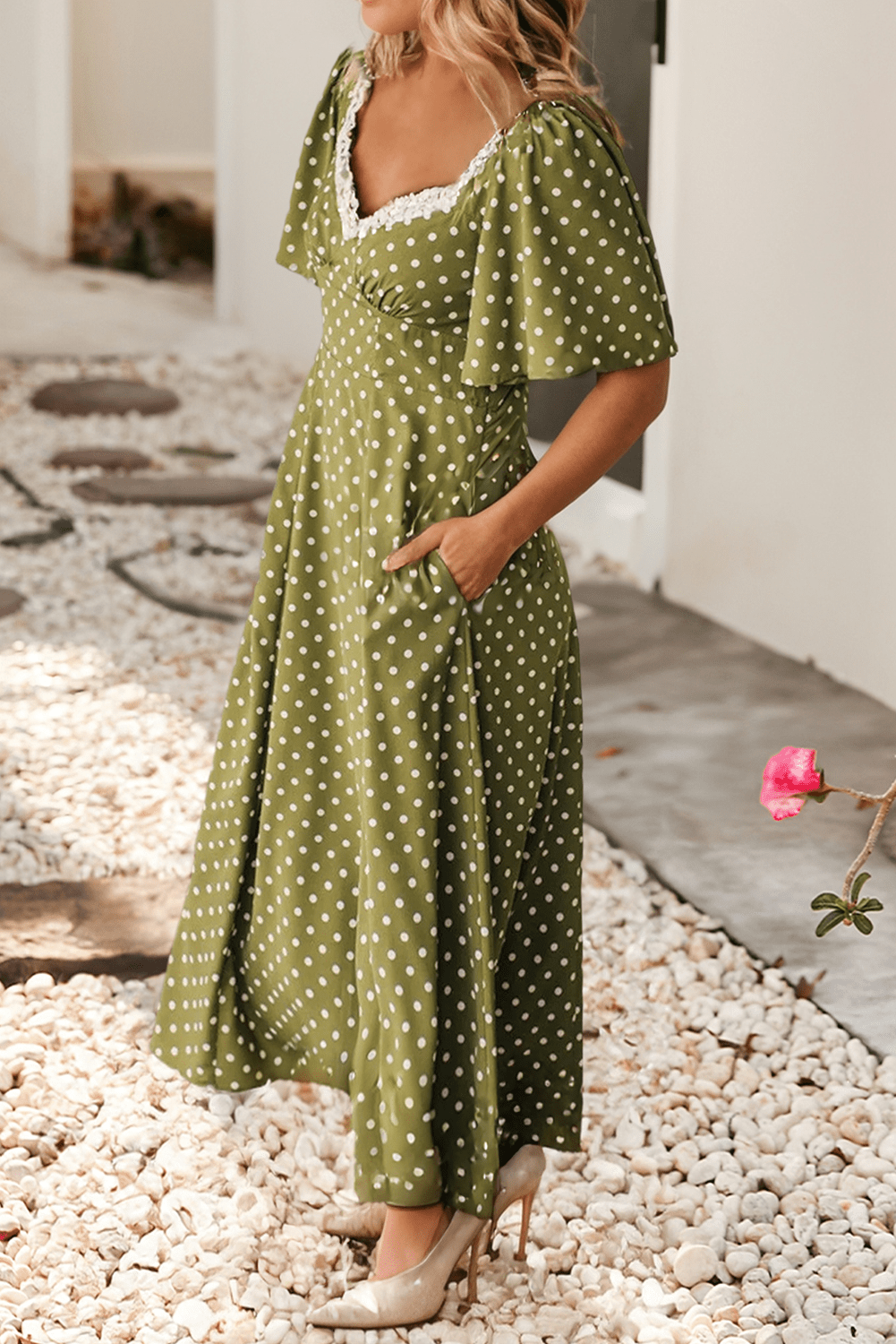 Green Polka Dot Lacy Neckline Smocked High Waist Maxi Dress - Purpose + Passion Boutique