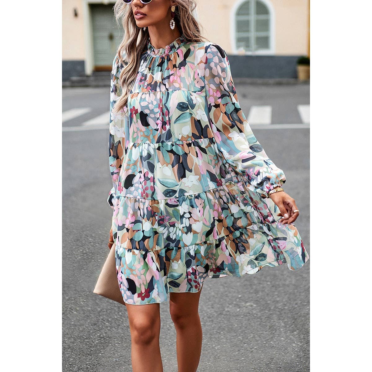Green Ruffle Neck Abstract Print Long Sleeve Tiered Dress - Purpose + Passion Boutique
