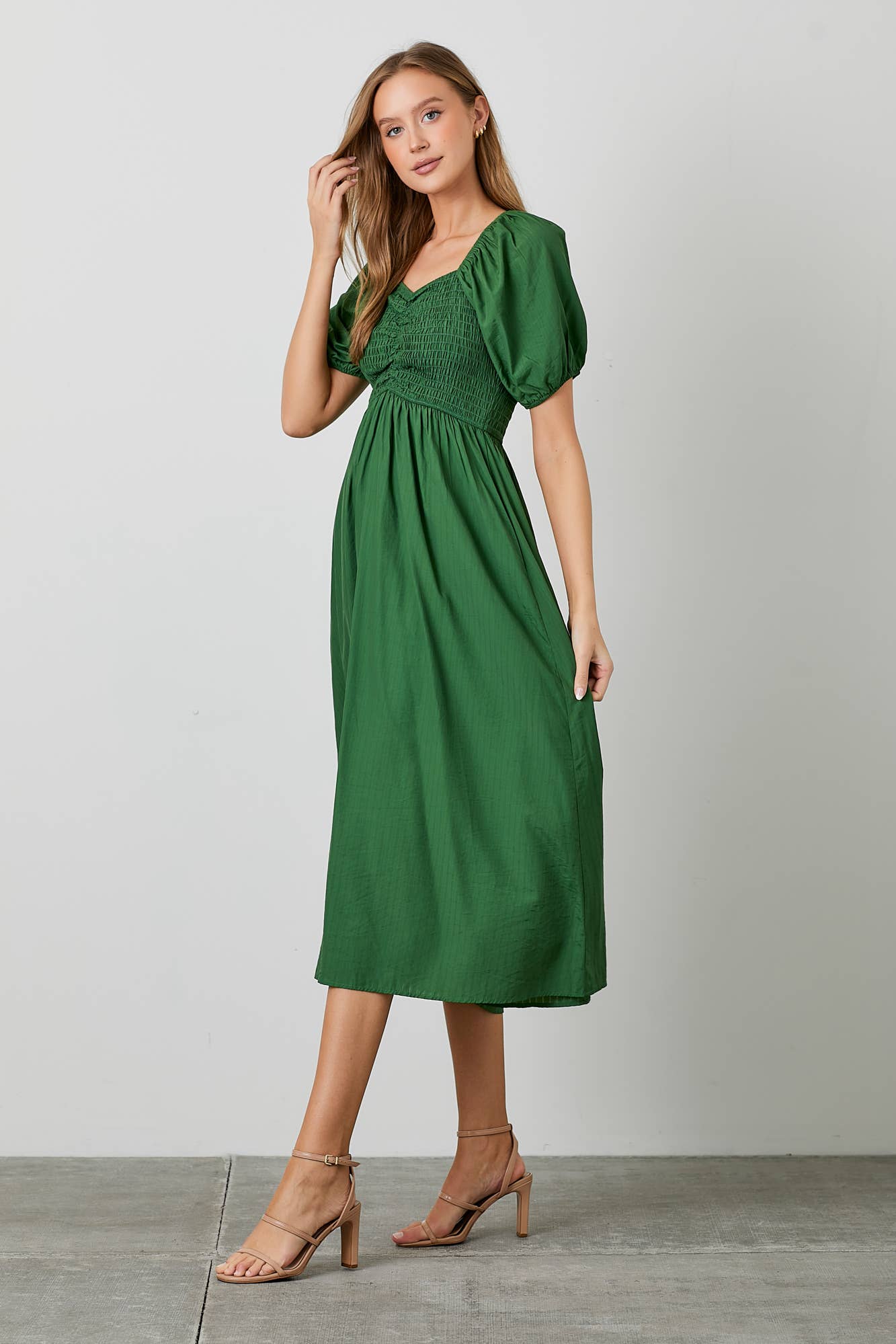 Green Smocked Cinched Bodice Midi Dress - Purpose + Passion Boutique