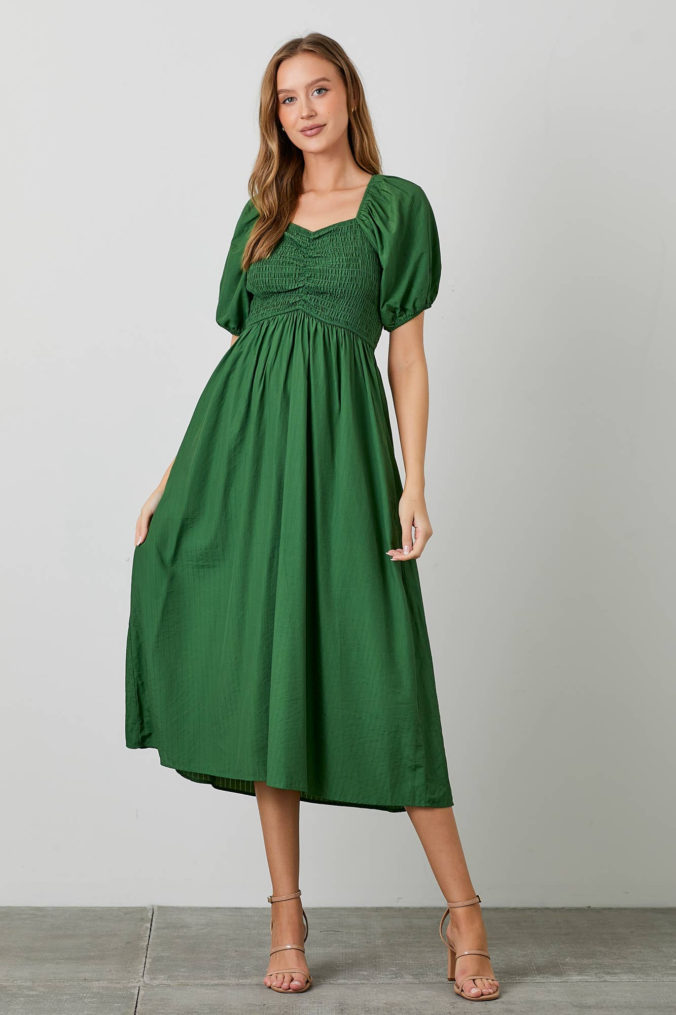 Green Smocked Cinched Bodice Midi Dress - Purpose + Passion Boutique