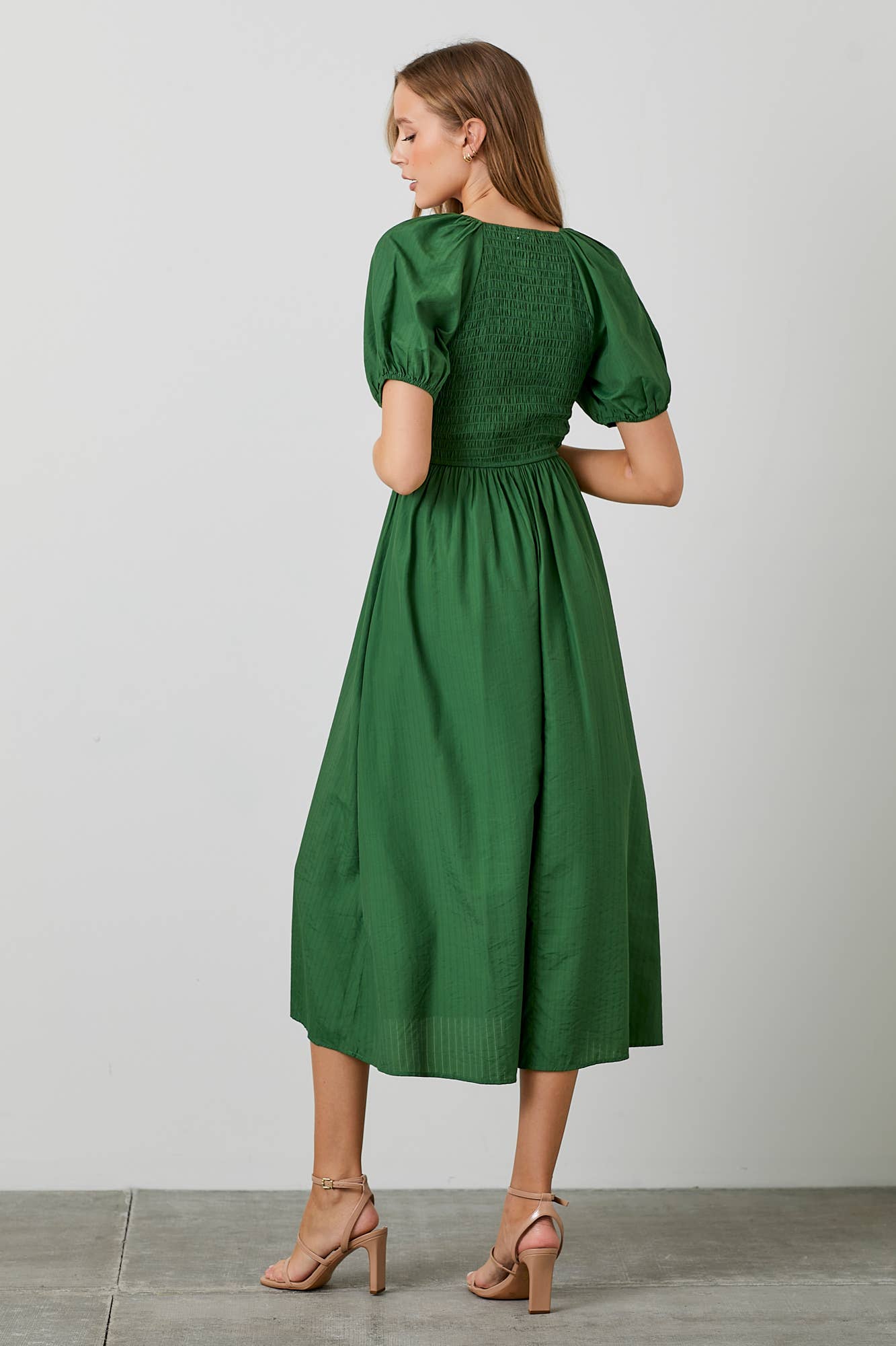 Green Smocked Cinched Bodice Midi Dress - Purpose + Passion Boutique