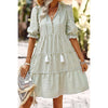 Green Stripe V - Neck Button Puff Sleeves High Waist Dress - Purpose + Passion Boutique