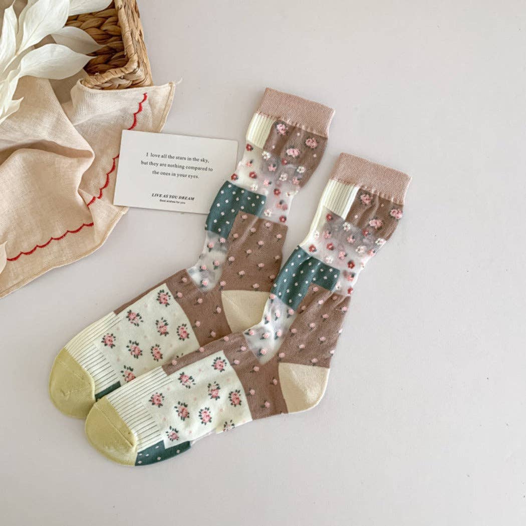 Green Vintage Floral Pattern Sheer Socks - Purpose + Passion Boutique