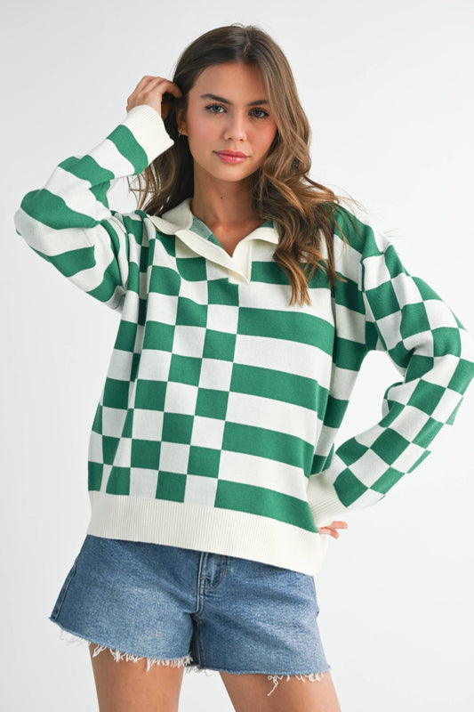 Green/White Collared Sweater - Purpose + Passion Boutique