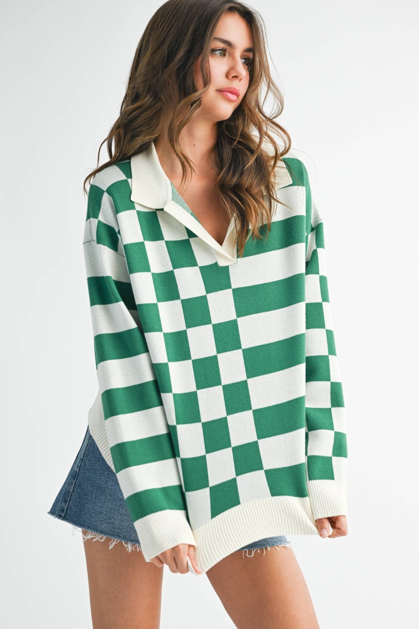 Green/White Collared Sweater - Purpose + Passion Boutique