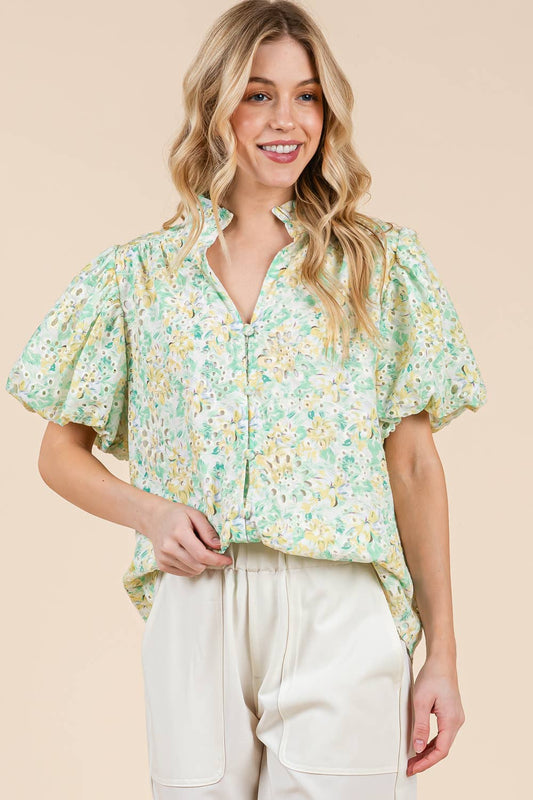 Green/Yellow Floral Eyelet Lace Button Up Blouse - Purpose + Passion Boutique