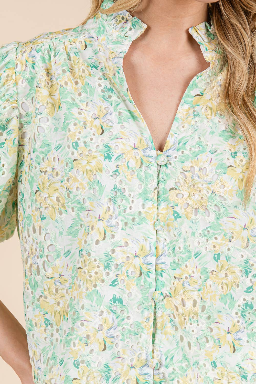 Green/Yellow Floral Eyelet Lace Button Up Blouse - Purpose + Passion Boutique