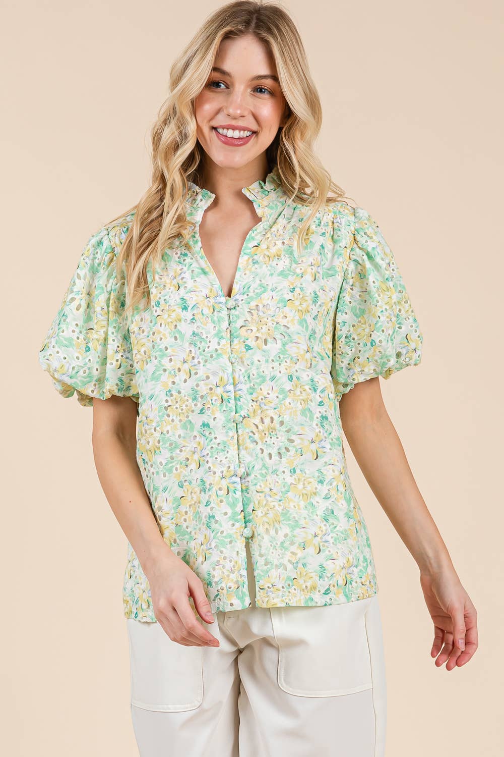 Green/Yellow Floral Eyelet Lace Button Up Blouse - Purpose + Passion Boutique