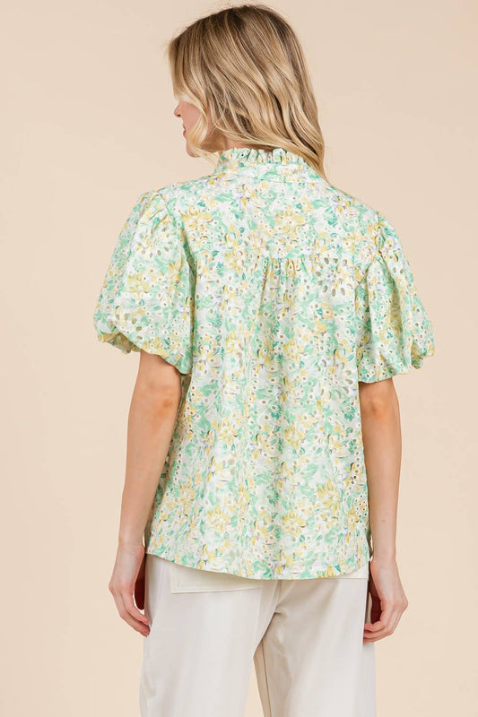 Green/Yellow Floral Eyelet Lace Button Up Blouse - Purpose + Passion Boutique