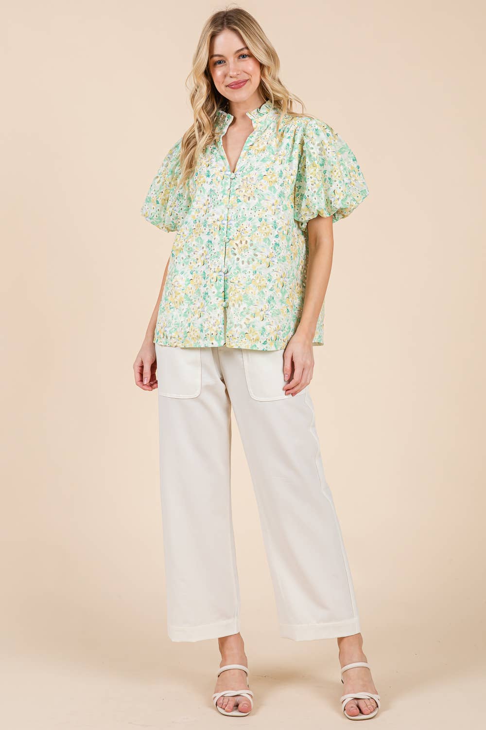 Green/Yellow Floral Eyelet Lace Button Up Blouse - Purpose + Passion Boutique