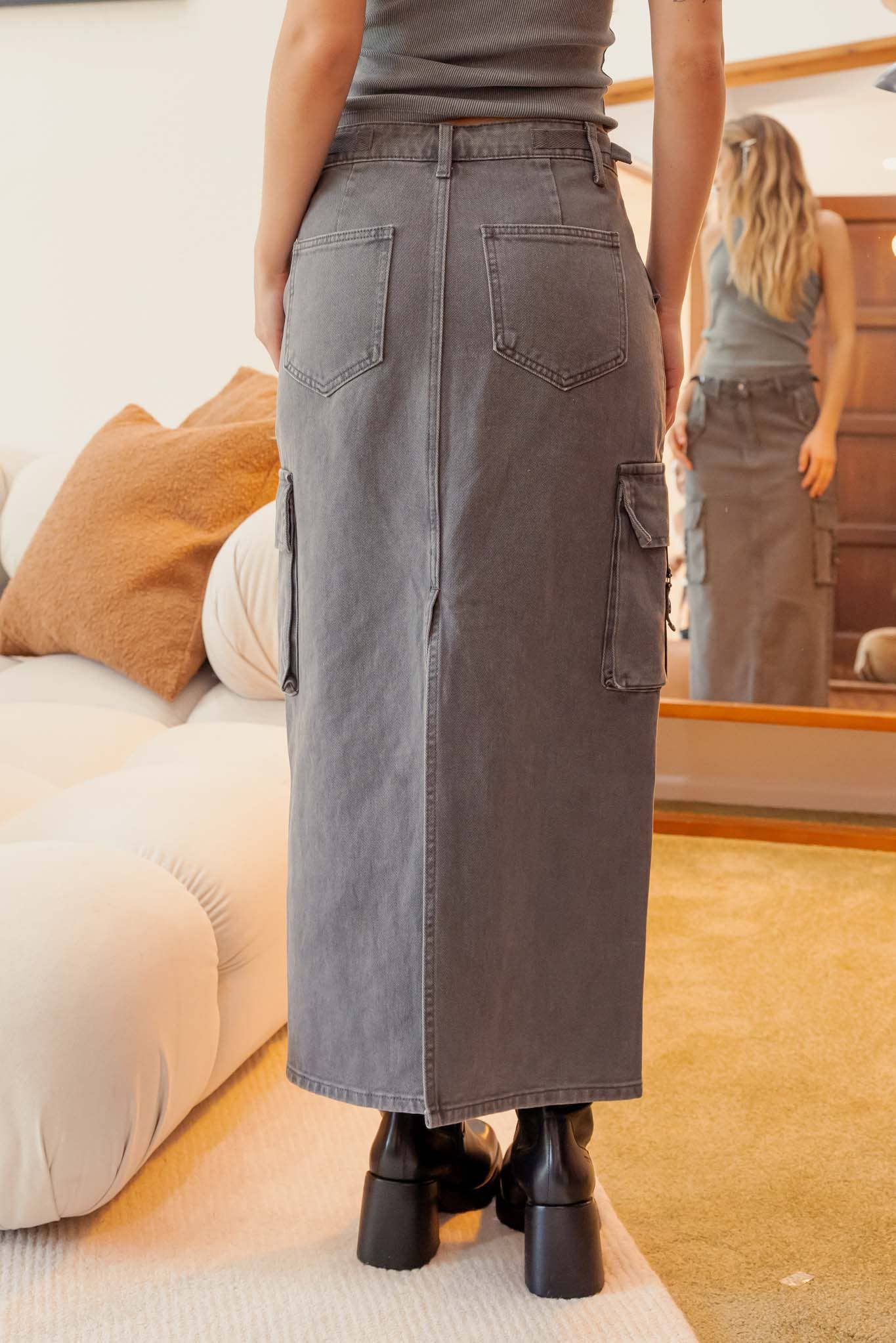 Grey Cargo Denim Back Slit Skirt - Purpose + Passion Boutique