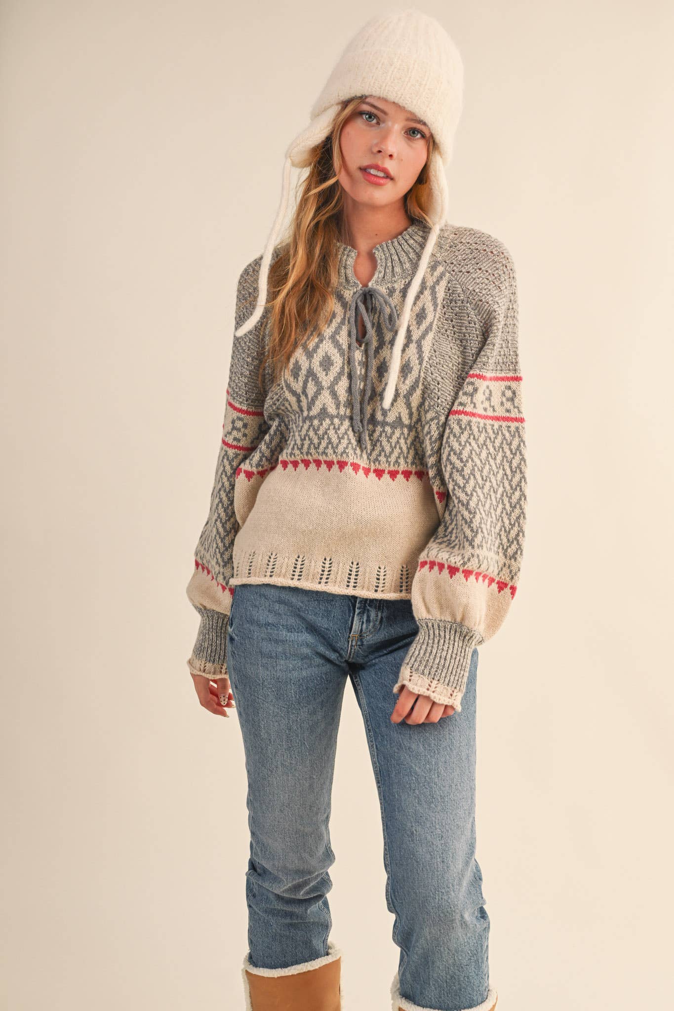 Grey Taupe Puff Sleeve Nordic Sweater - Purpose + Passion Boutique