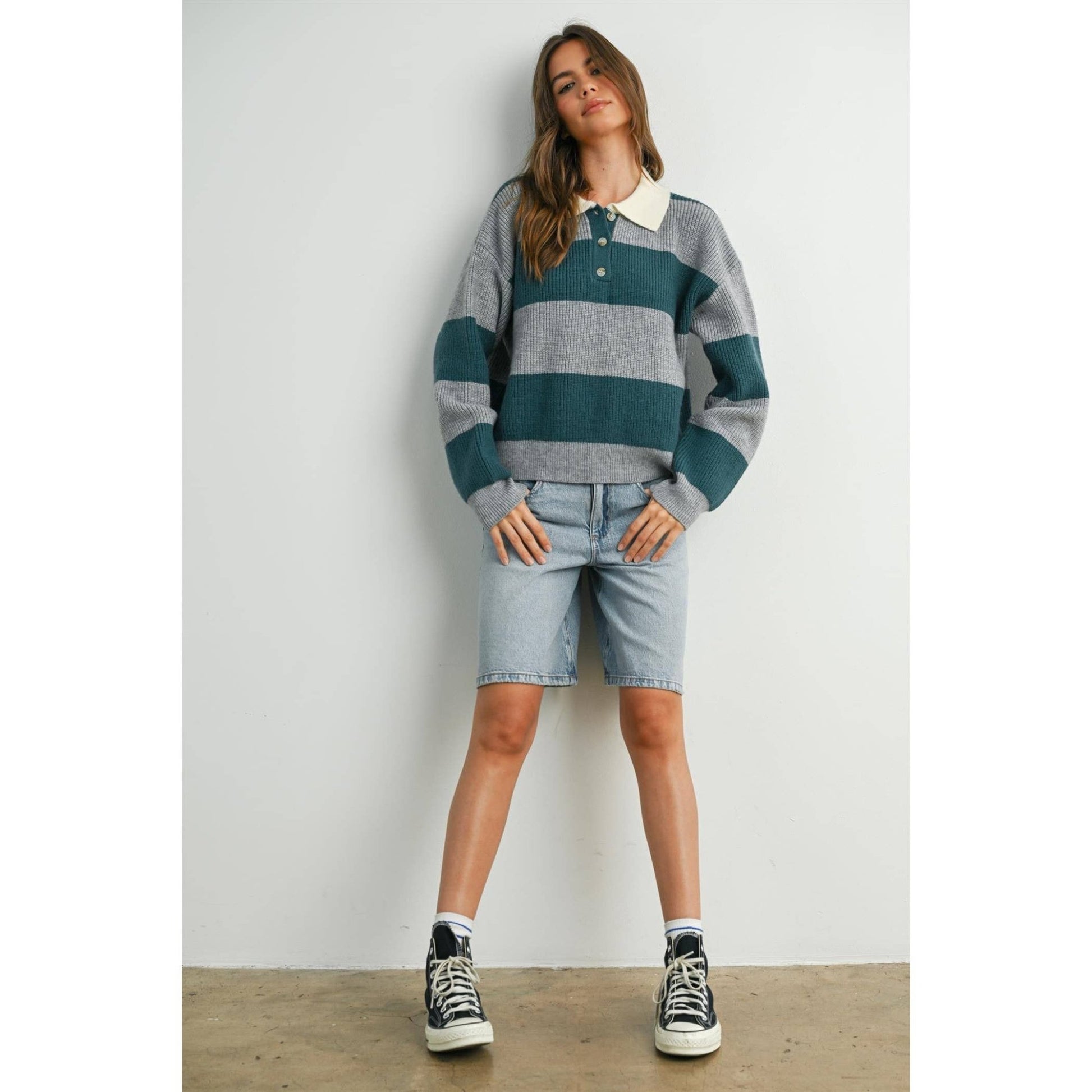 Grey / Teal Buttoned Striped Collared Long Sleeve Top - Purpose + Passion Boutique