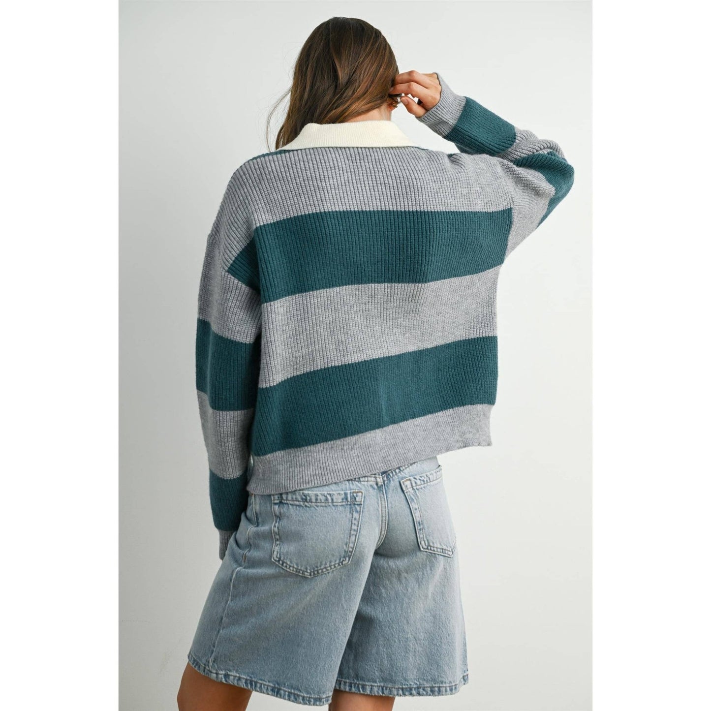 Grey / Teal Buttoned Striped Collared Long Sleeve Top - Purpose + Passion Boutique
