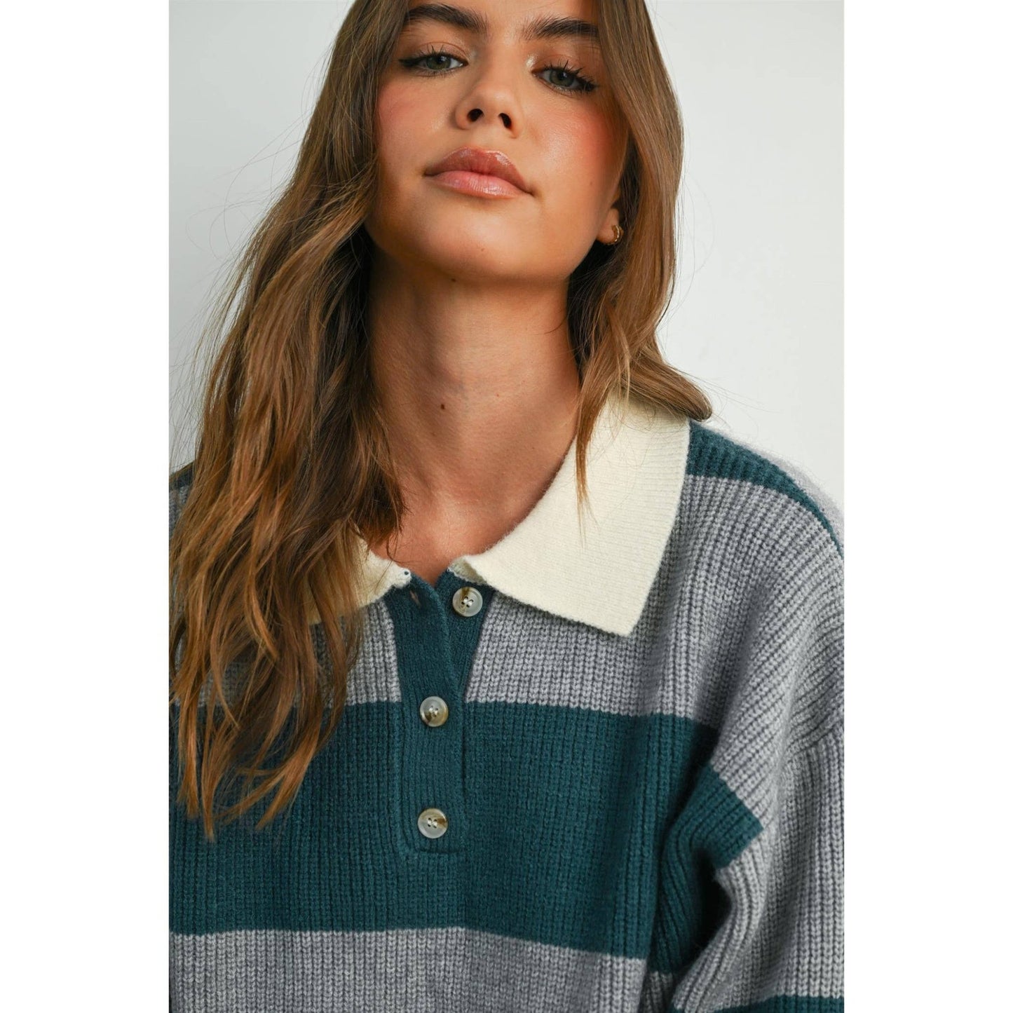 Grey / Teal Buttoned Striped Collared Long Sleeve Top - Purpose + Passion Boutique