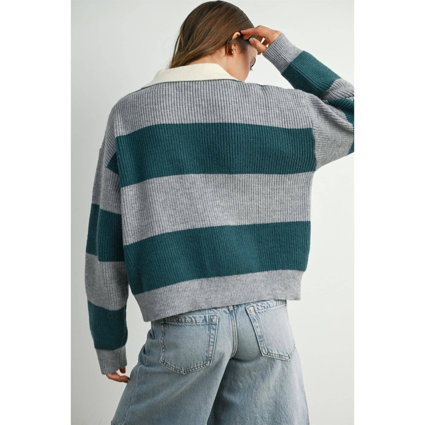 Grey / Teal Buttoned Striped Collared Long Sleeve Top - Purpose + Passion Boutique