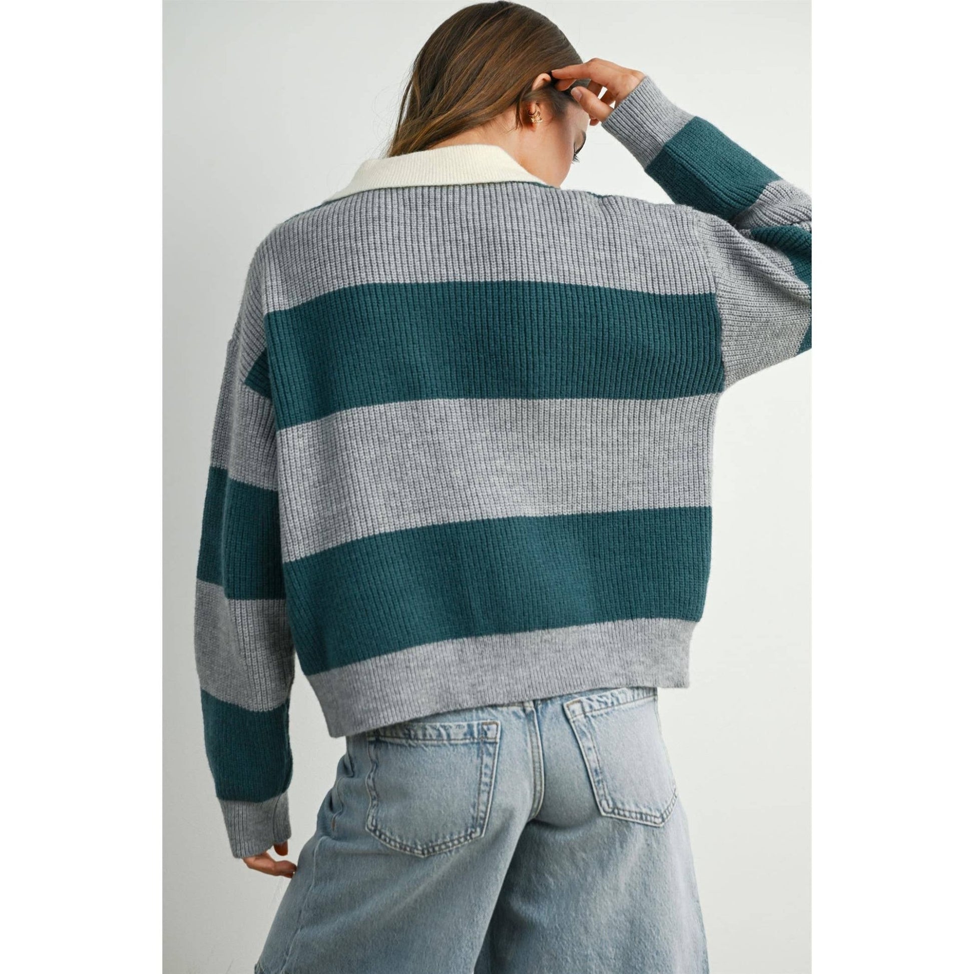 Grey / Teal Buttoned Striped Collared Long Sleeve Top - Purpose + Passion Boutique