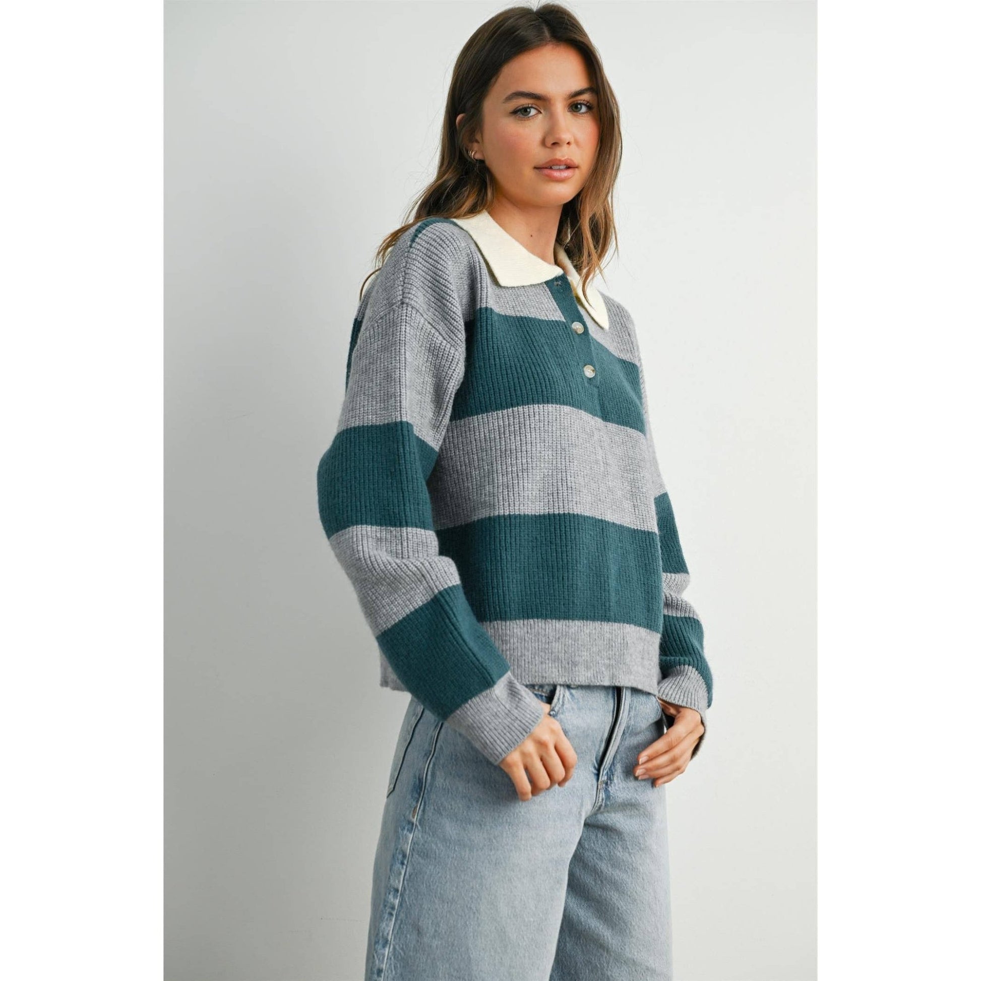 Grey / Teal Buttoned Striped Collared Long Sleeve Top - Purpose + Passion Boutique