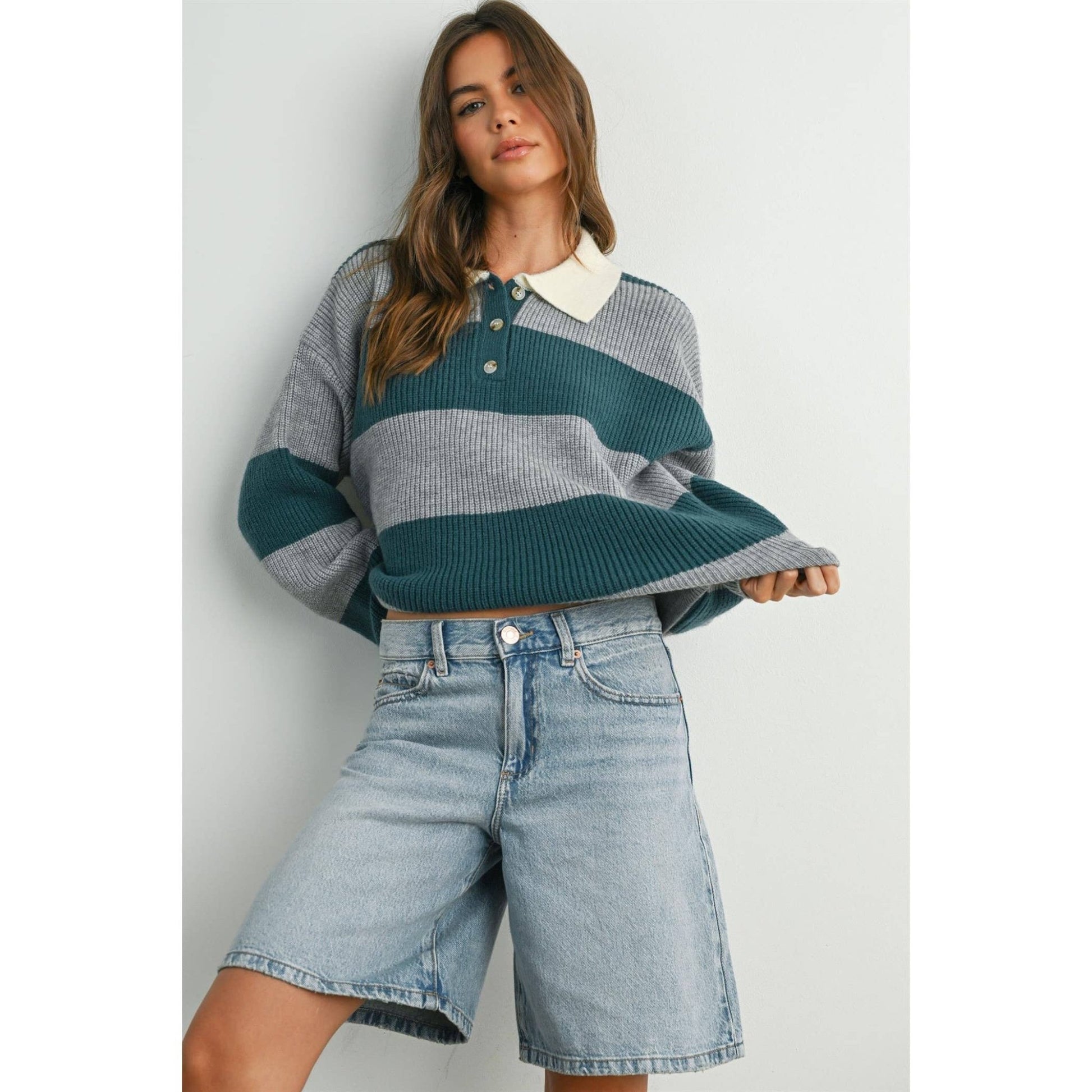 Grey / Teal Buttoned Striped Collared Long Sleeve Top - Purpose + Passion Boutique