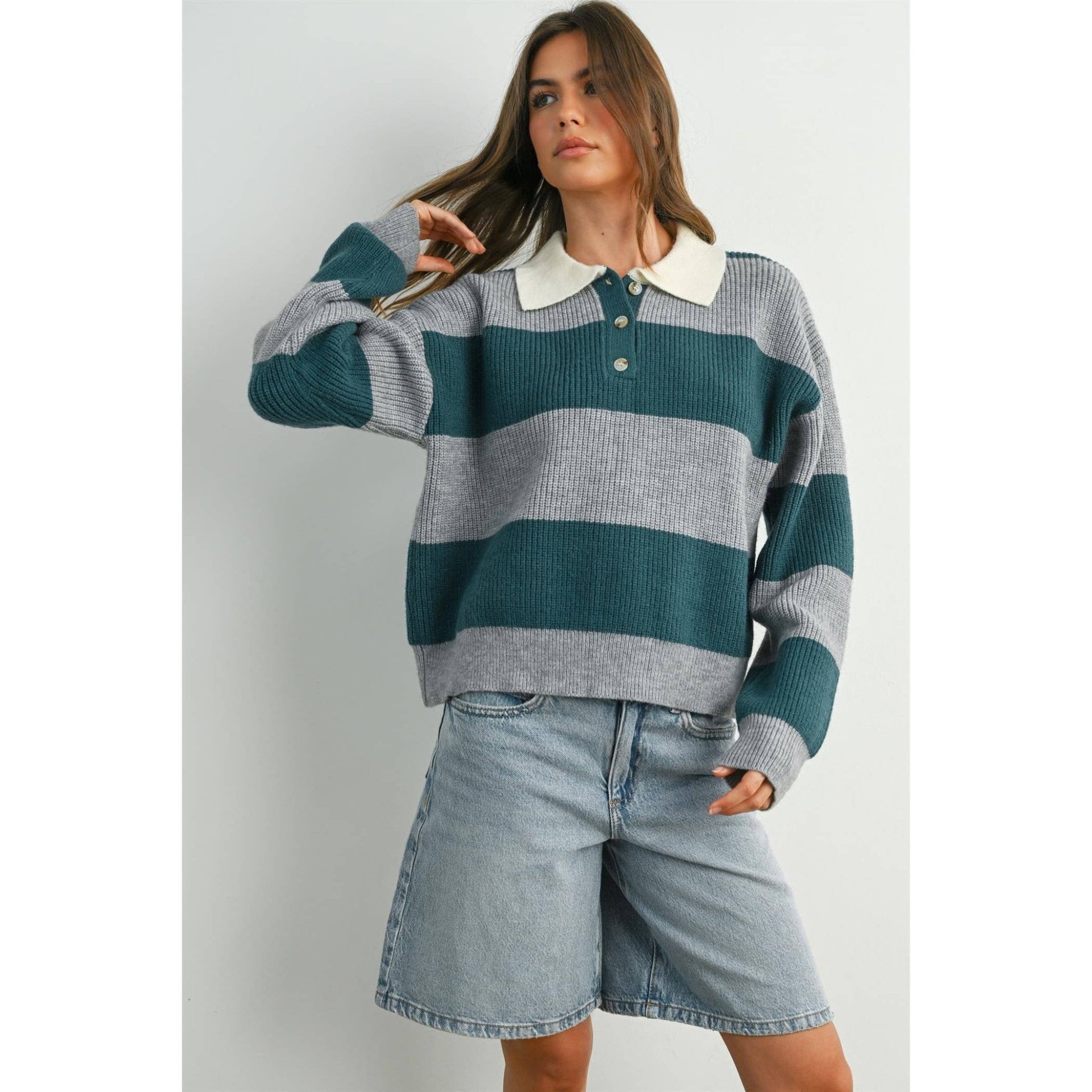 Grey / Teal Buttoned Striped Collared Long Sleeve Top - Purpose + Passion Boutique