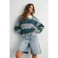 Grey / Teal Buttoned Striped Collared Long Sleeve Top - Purpose + Passion Boutique