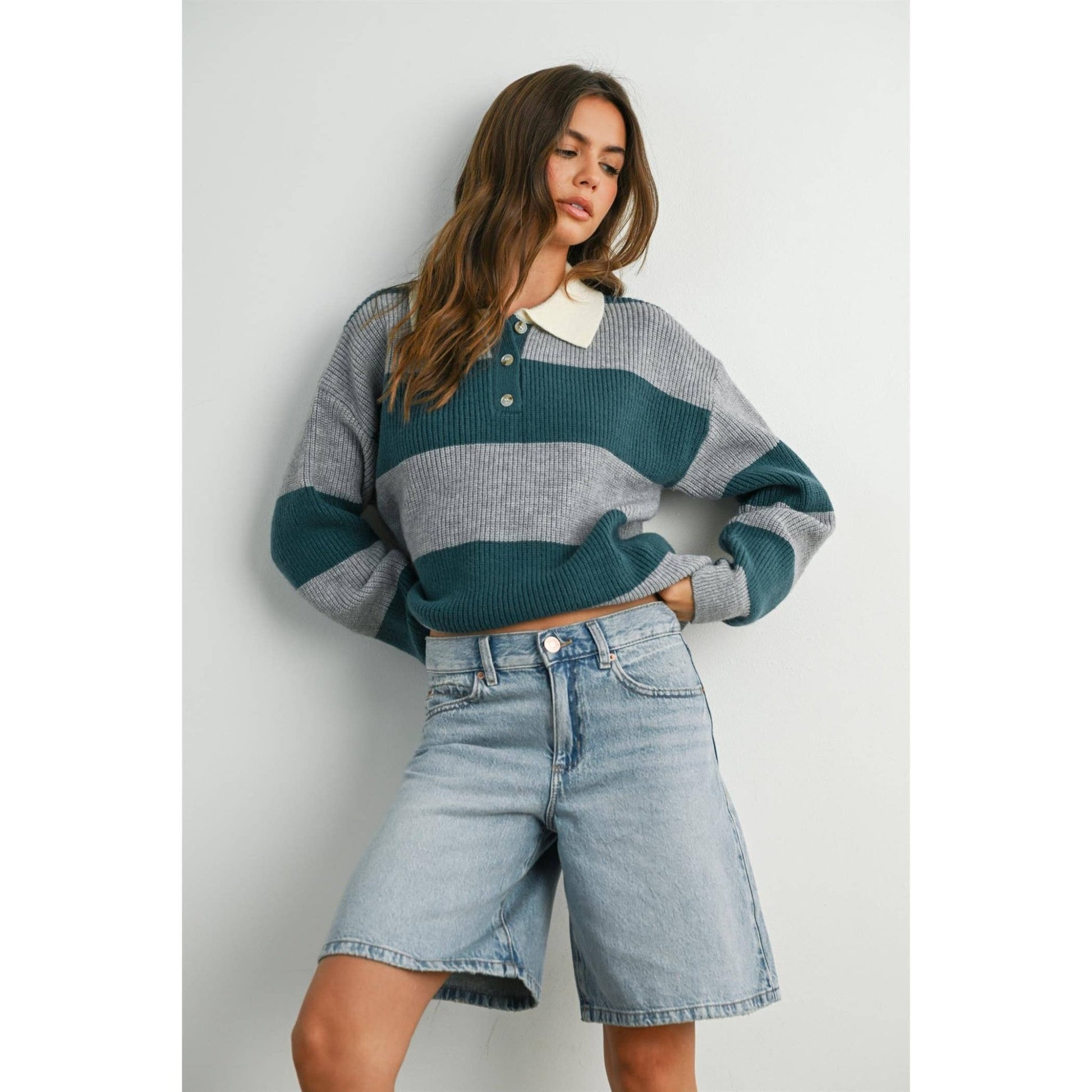 Grey / Teal Buttoned Striped Collared Long Sleeve Top - Purpose + Passion Boutique