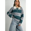 Grey / Teal Buttoned Striped Collared Long Sleeve Top - Purpose + Passion Boutique