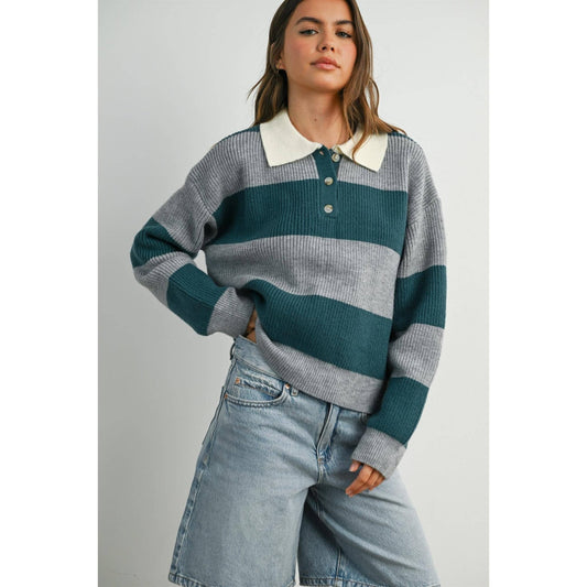 Grey / Teal Buttoned Striped Collared Long Sleeve Top - Purpose + Passion Boutique