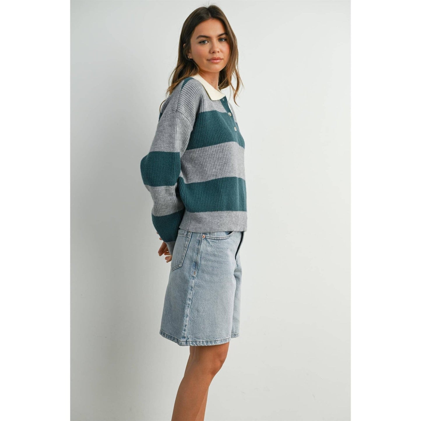 Grey / Teal Buttoned Striped Collared Long Sleeve Top - Purpose + Passion Boutique