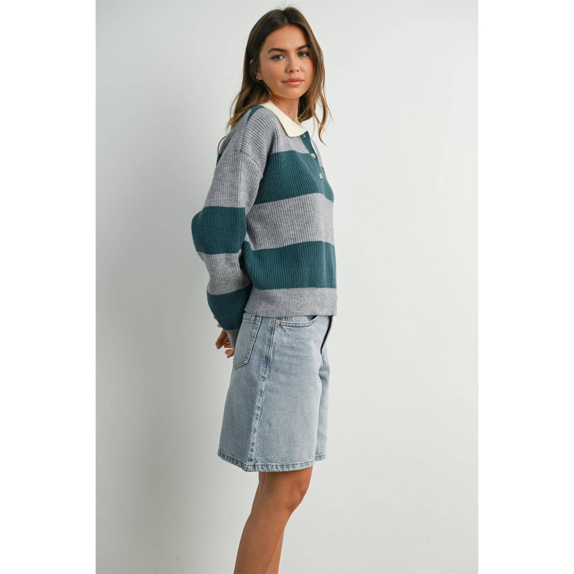Grey / Teal Buttoned Striped Collared Long Sleeve Top - Purpose + Passion Boutique