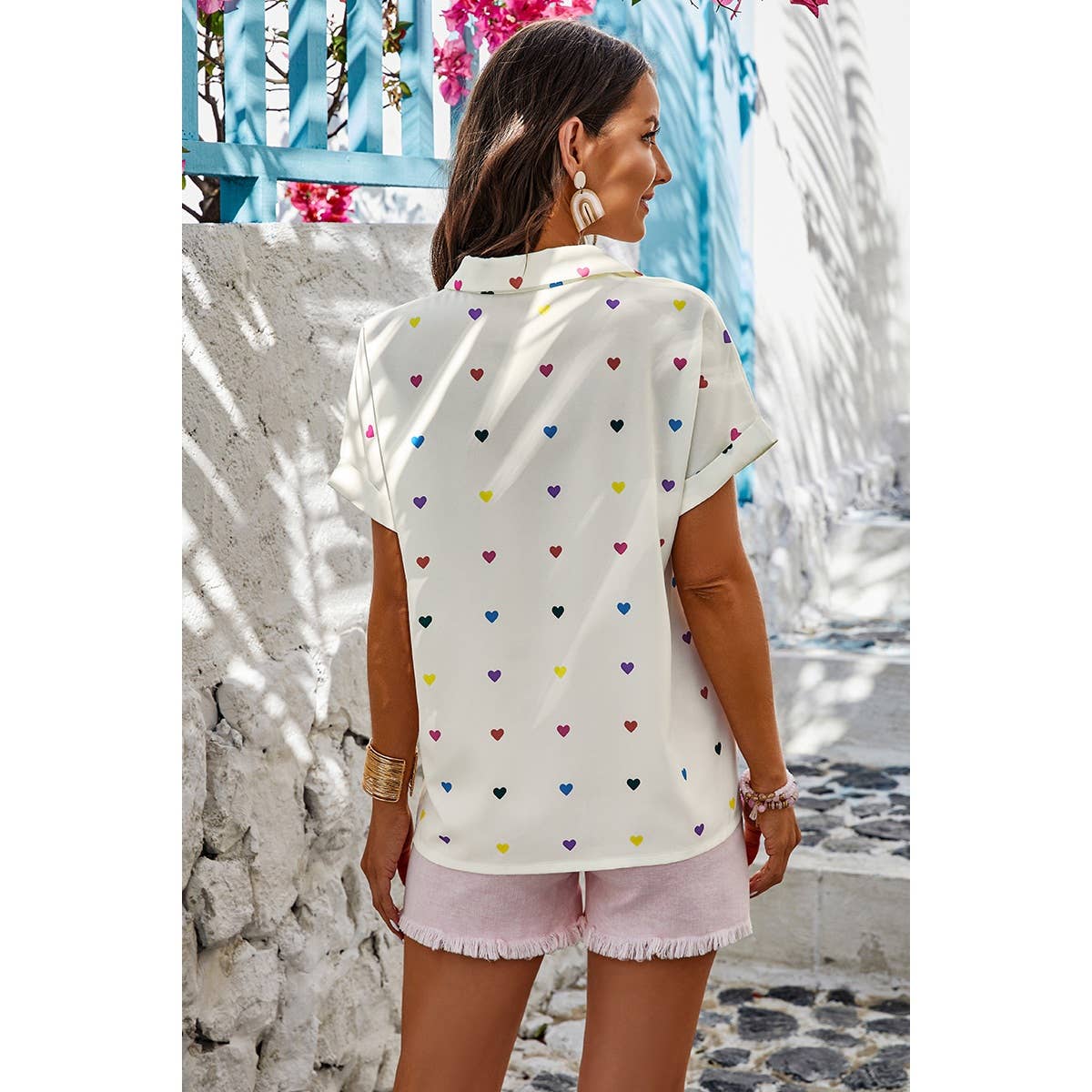 Heart Print Button Down Short Sleeve Loose Shirt - Purpose + Passion Boutique