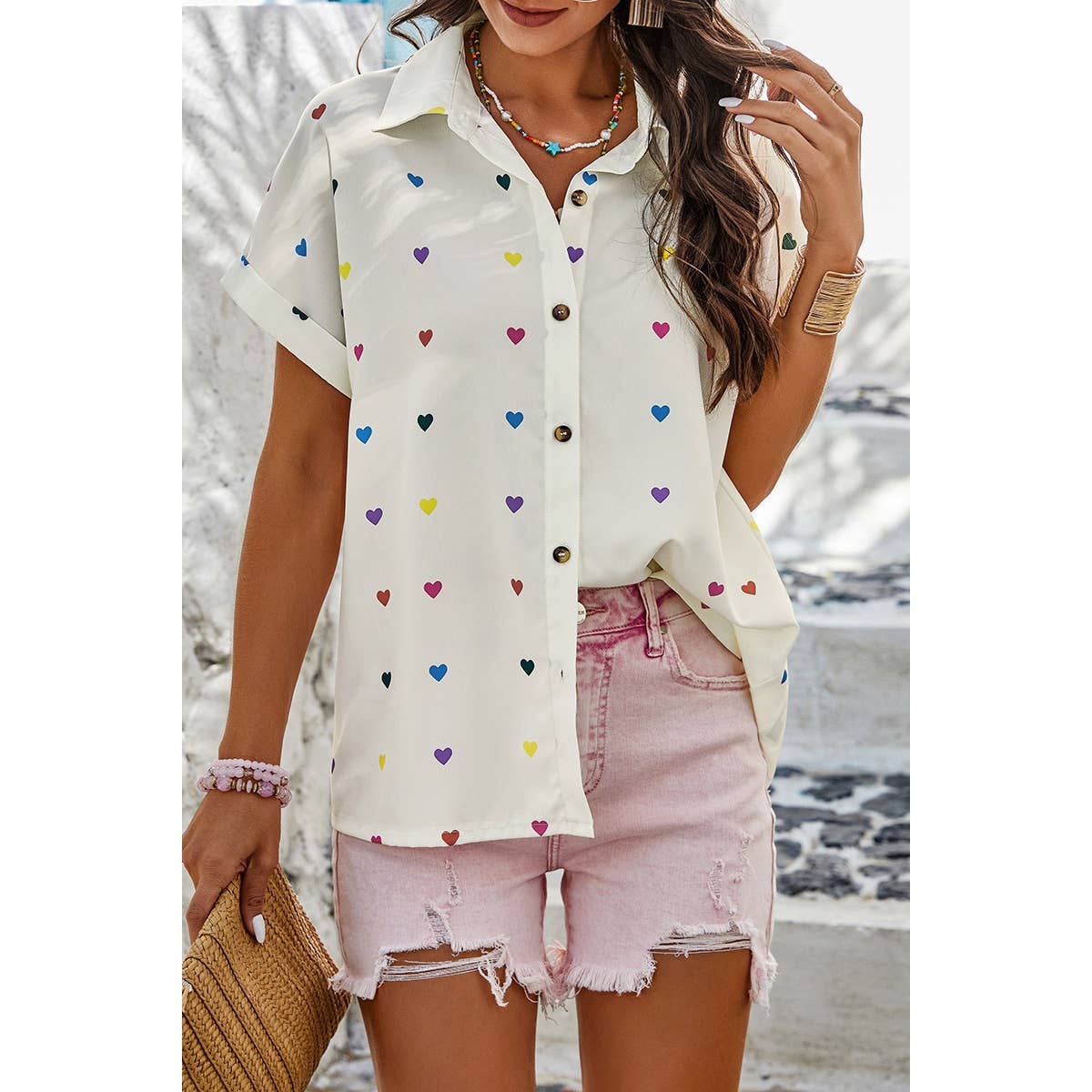 Heart Print Button Down Short Sleeve Loose Shirt - Purpose + Passion Boutique