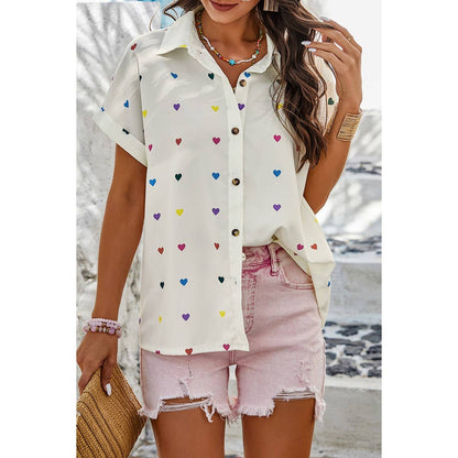 Heart Print Button Down Short Sleeve Loose Shirt - Purpose + Passion Boutique