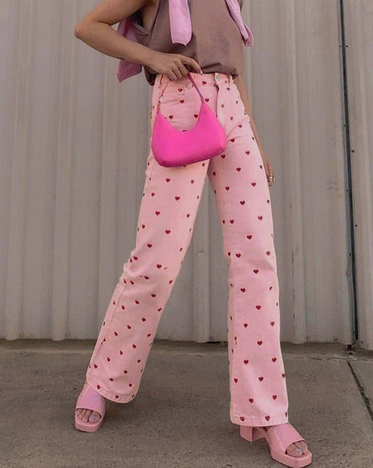 Heart Print Straight Pink Jeans - Purpose + Passion Boutique