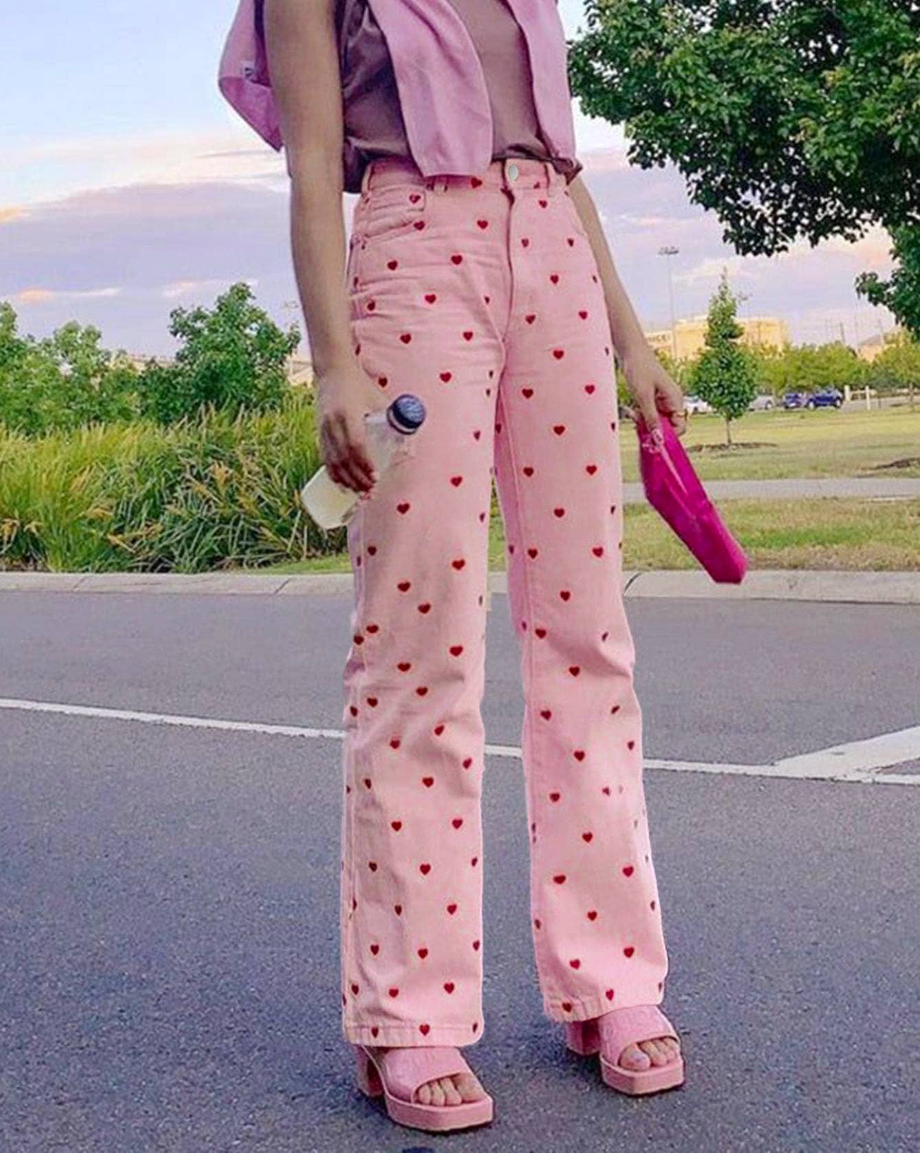 Heart Print Straight Pink Jeans - Purpose + Passion Boutique