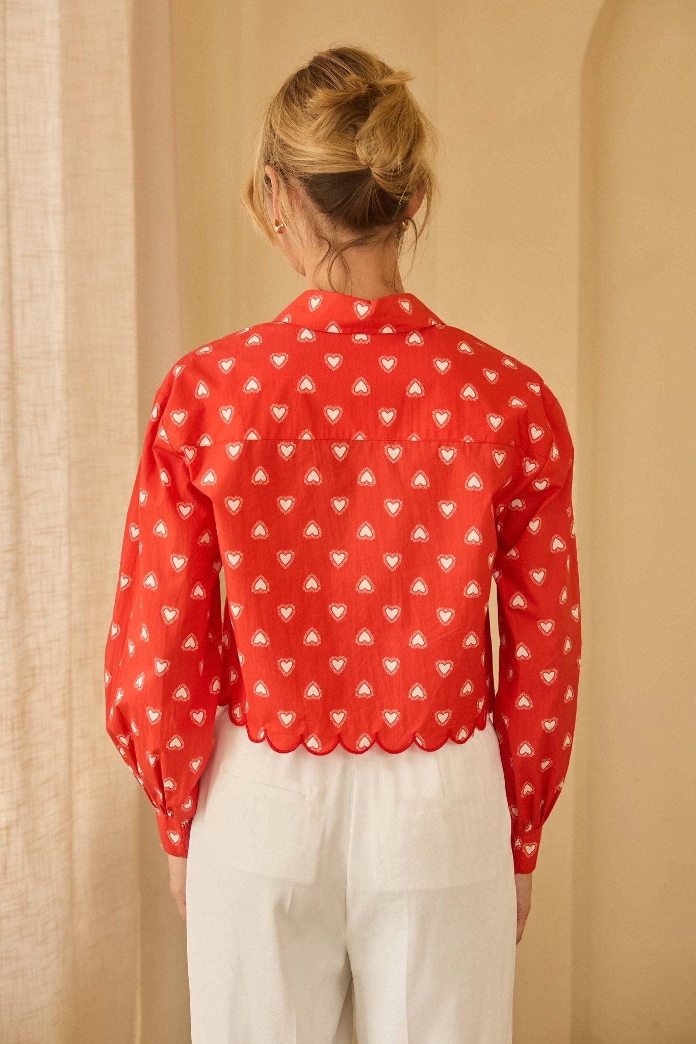 Heart Printed Poplin Cropped Shirt with Scalloped Hem - Purpose + Passion Boutique
