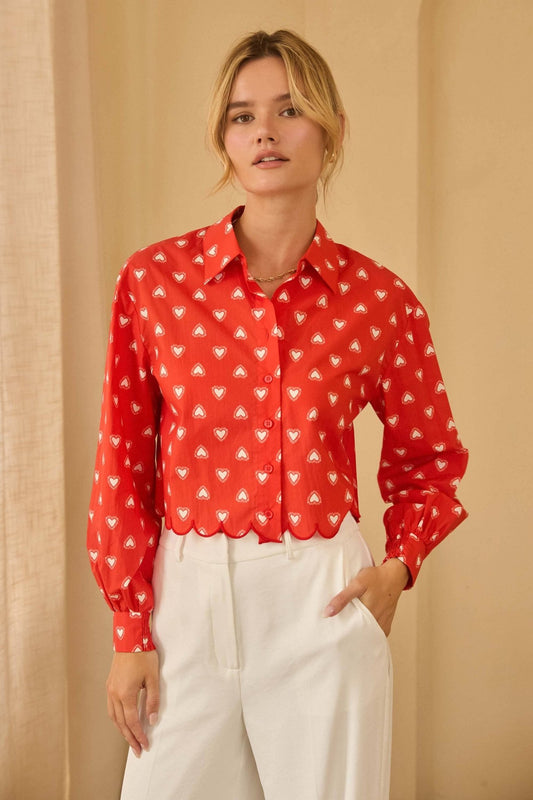 Heart Printed Poplin Cropped Shirt with Scalloped Hem - Purpose + Passion Boutique