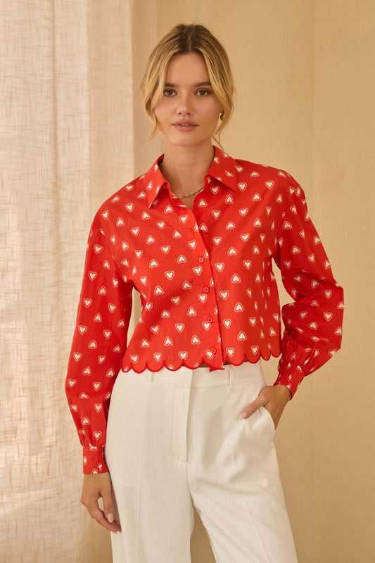 Heart Printed Poplin Cropped Shirt with Scalloped Hem - Purpose + Passion Boutique