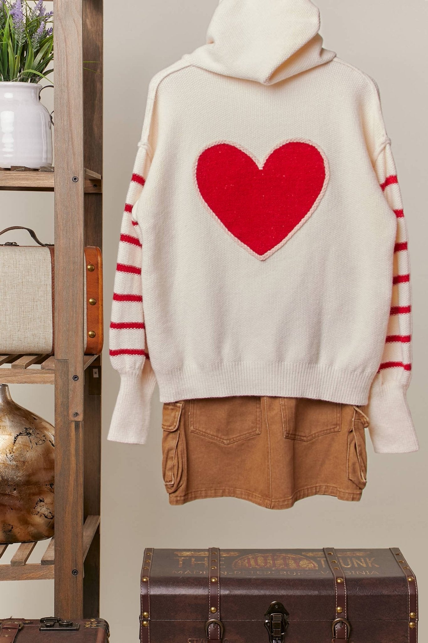 Heart Striped Ivory Sweater with Hoodie - Purpose + Passion Boutique