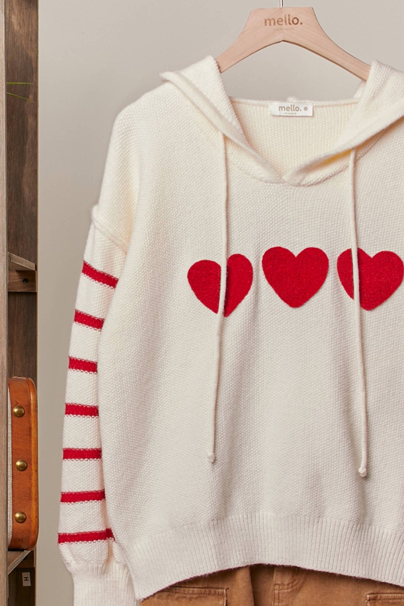 Heart Striped Ivory Sweater with Hoodie - Purpose + Passion Boutique