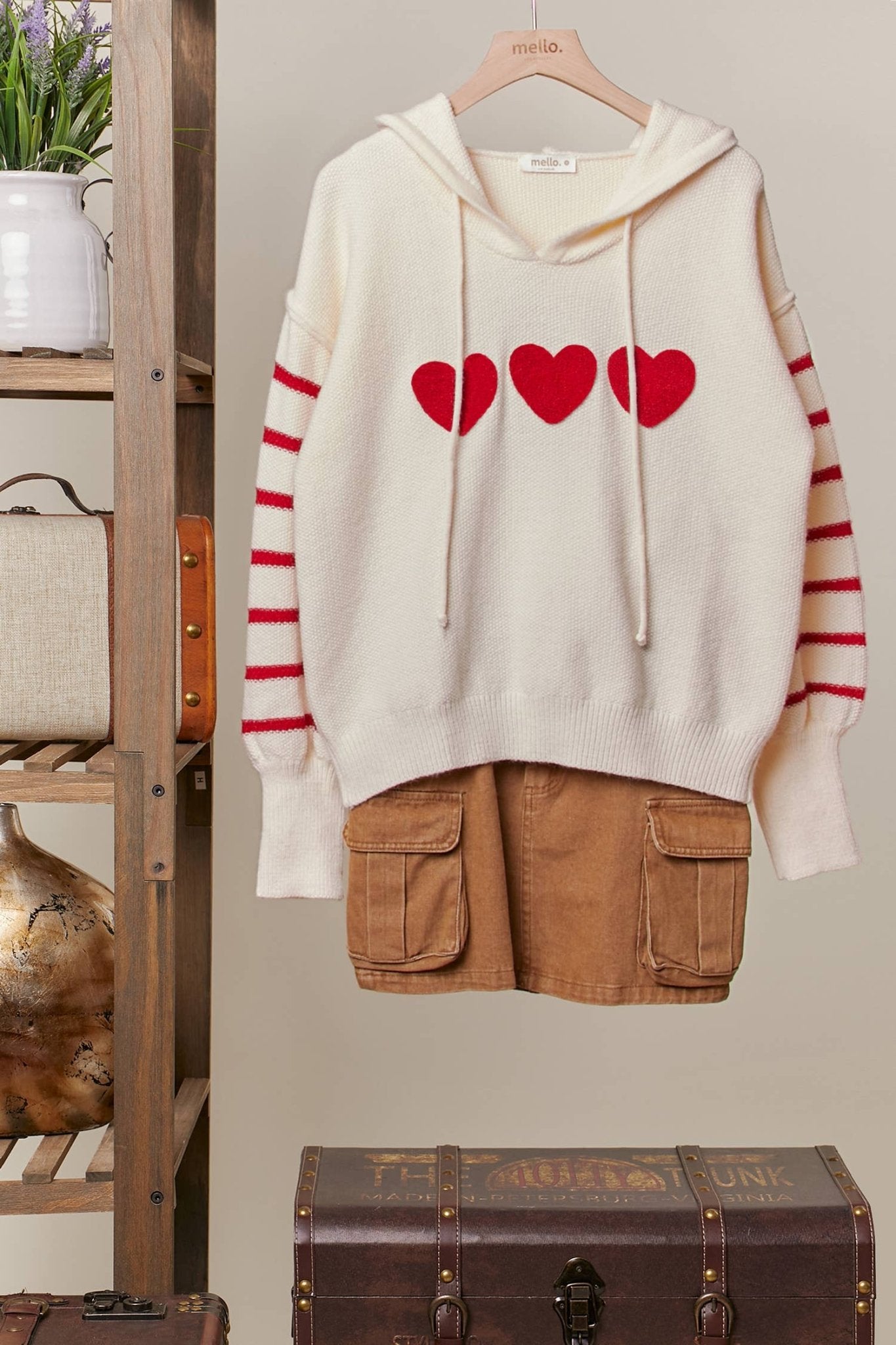 Heart Striped Ivory Sweater with Hoodie - Purpose + Passion Boutique