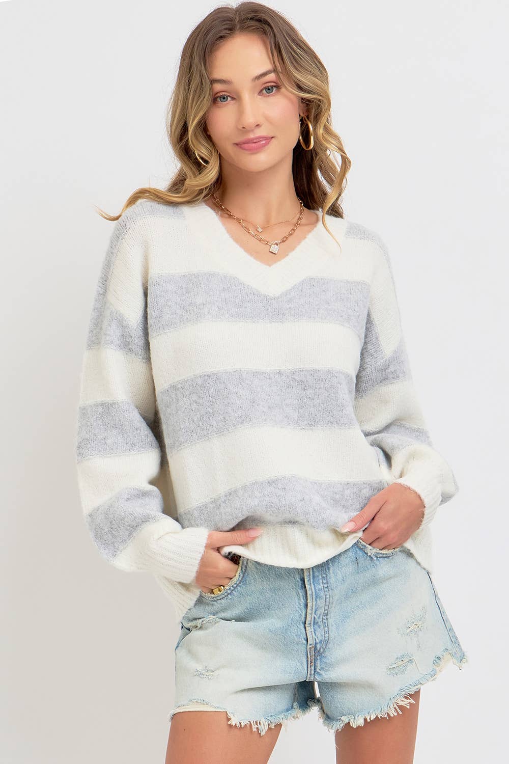 Heather Grey Comfy Striped Knit Sweater - Purpose + Passion Boutique