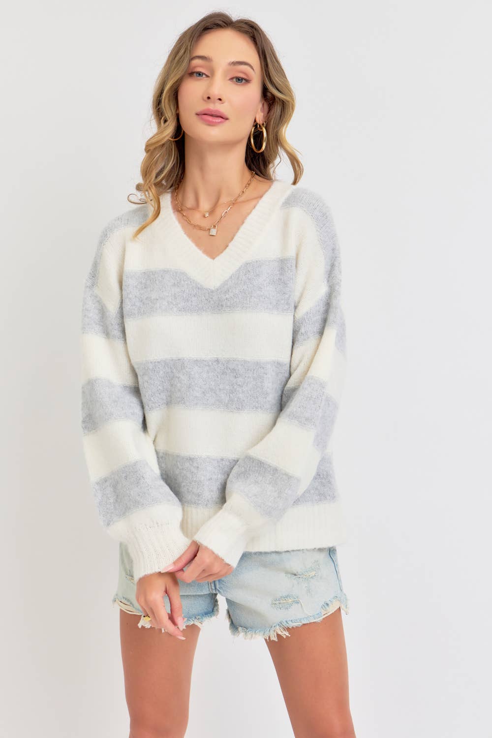 Heather Grey Comfy Striped Knit Sweater - Purpose + Passion Boutique