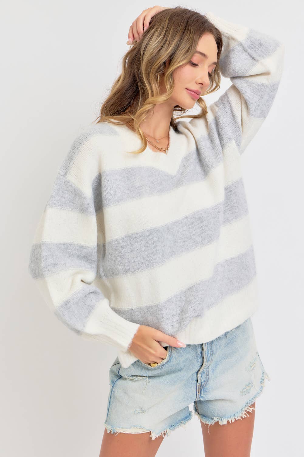 Heather Grey Comfy Striped Knit Sweater - Purpose + Passion Boutique