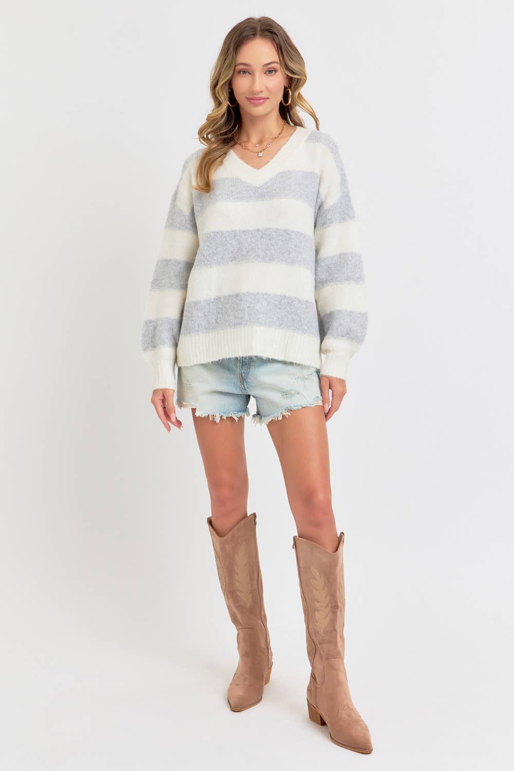 Heather Grey Comfy Striped Knit Sweater - Purpose + Passion Boutique