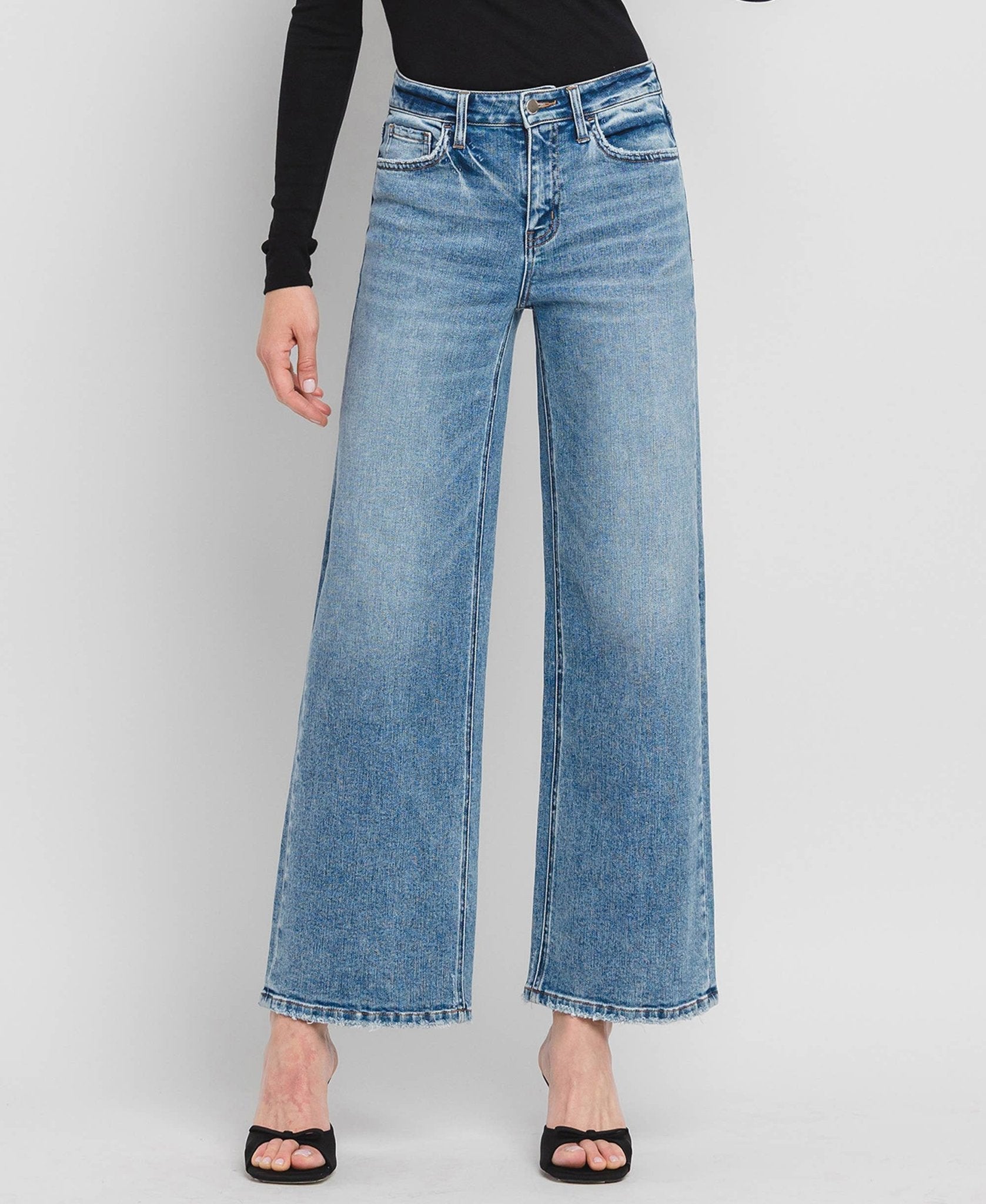 High Rise Medium Wash Full Length Wide Leg Jeans - Purpose + Passion Boutique
