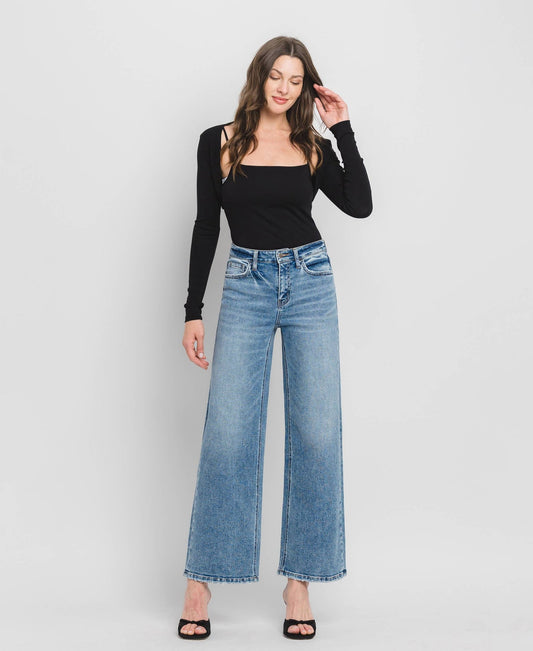 High Rise Medium Wash Full Length Wide Leg Jeans - Purpose + Passion Boutique