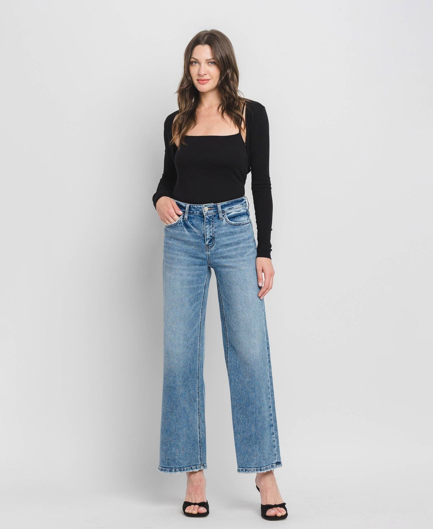 High Rise Medium Wash Full Length Wide Leg Jeans - Purpose + Passion Boutique