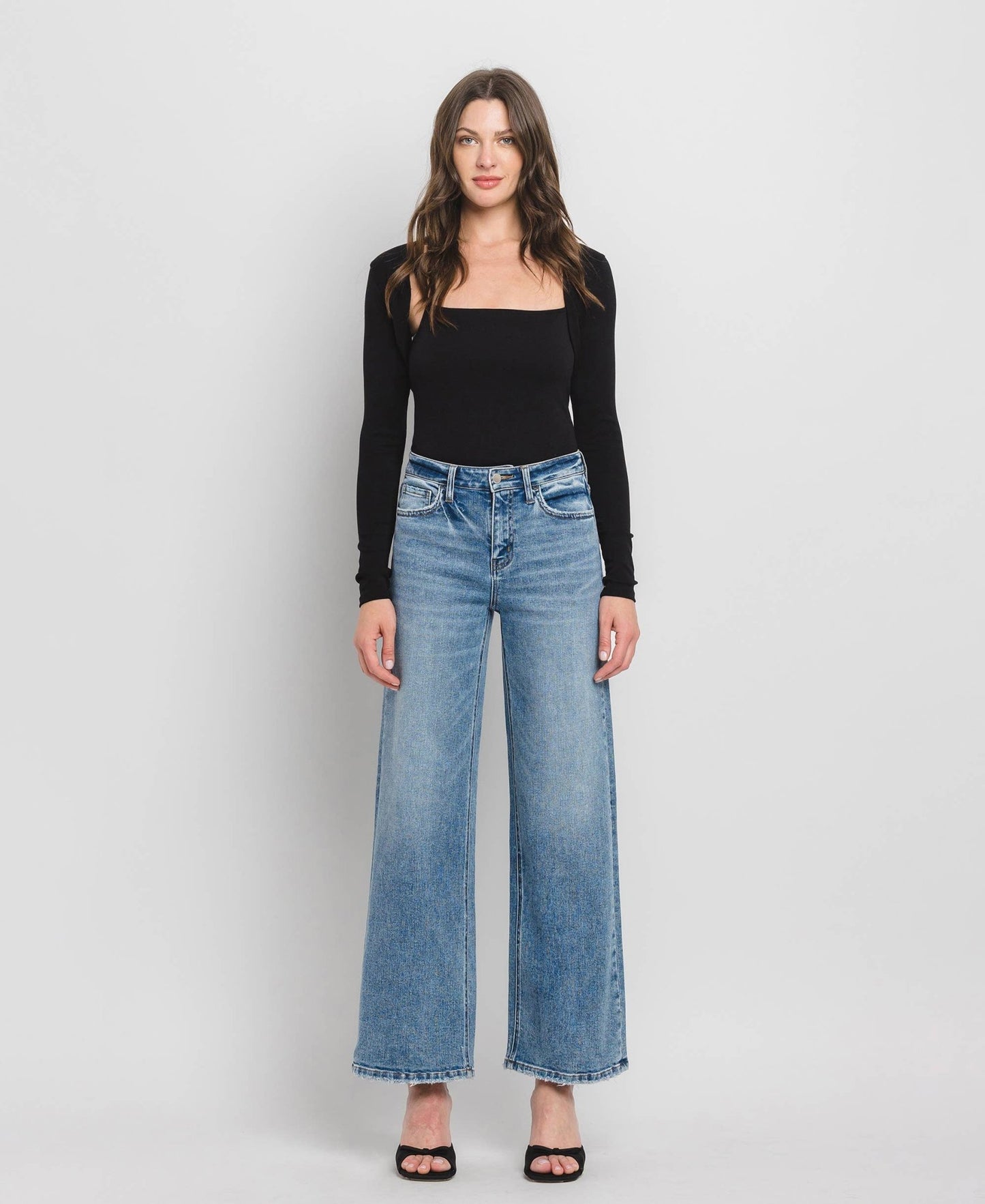 High Rise Medium Wash Full Length Wide Leg Jeans - Purpose + Passion Boutique