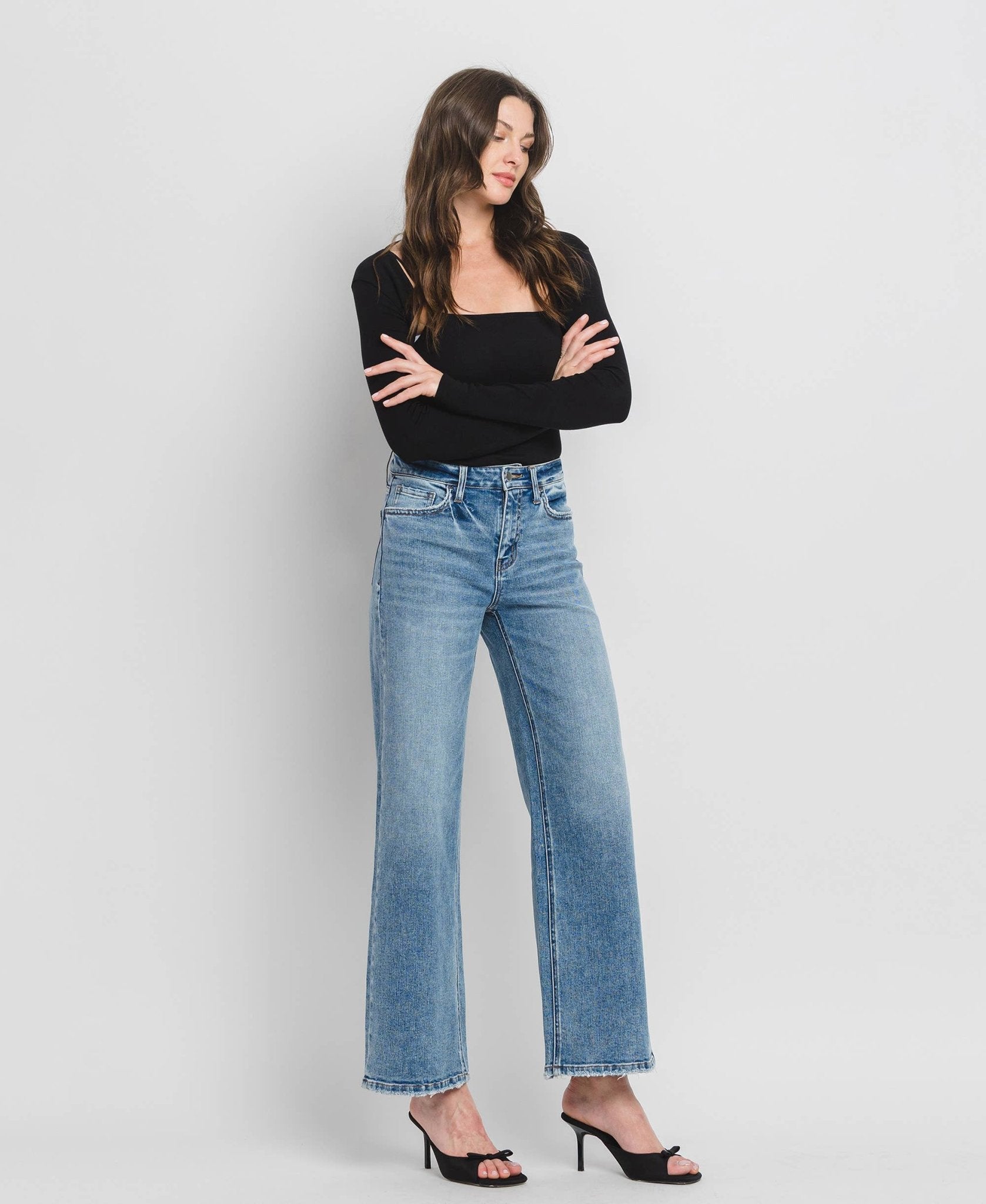 High Rise Medium Wash Full Length Wide Leg Jeans - Purpose + Passion Boutique